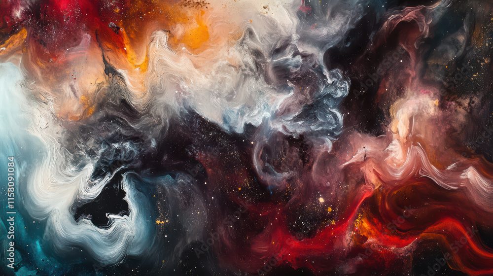 Poster ethereal representation of deep space with flowing colors and cosmic elements, showcasing vibrant re