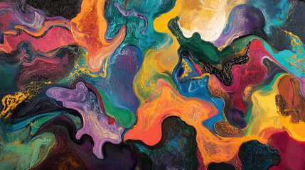 Fototapeta premium Vibrant abstract painting with swirling colors and dynamic shapes, evoking sense of movement and energy. rich palette includes blues, reds, yellows, and greens, creating captivating visual