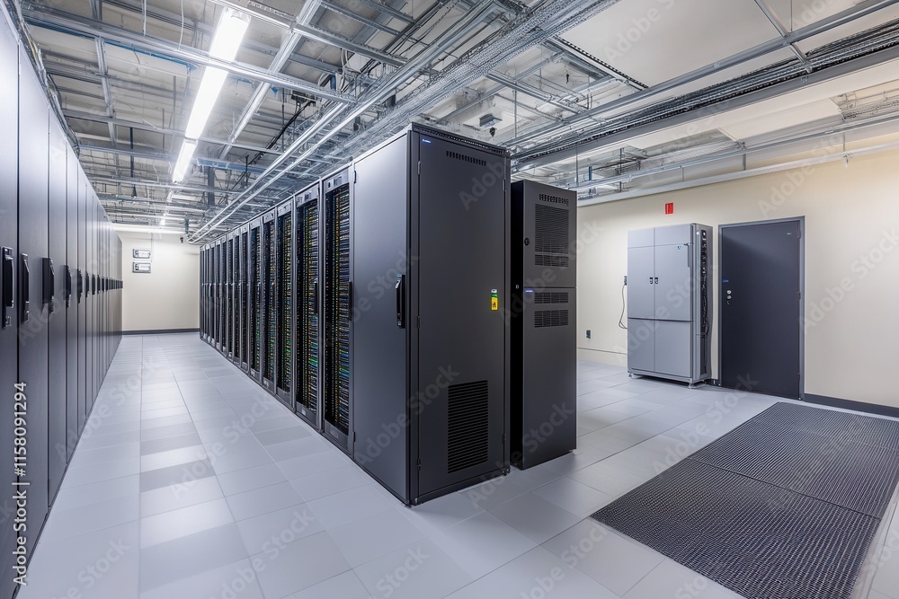 Poster rows of sleek server racks fill a modern data center. illustrates efficient data storage and process