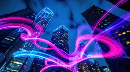 Vibrant light trails over city skyscrapers at night.