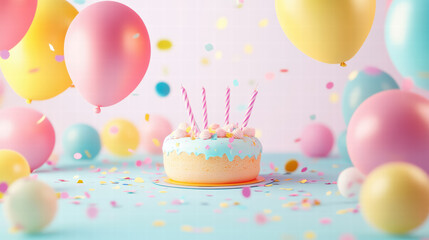 bright and cheerful birthday scene featuring colorful cake with candles, surrounded by balloons and confetti, creating festive atmosphere
