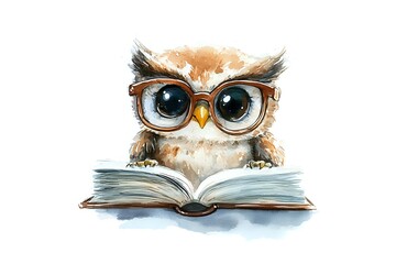 Adorable Owl Reading Book Wearing Glasses: Watercolor Illustration of a Cute Bird Studiously Enjoying Literature