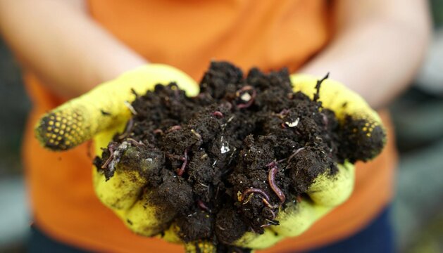 A farmer holds red wiggler worms in his hand