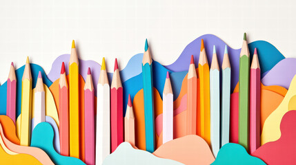 Colorful pencils arranged on vibrant paper cutouts create cheerful back to school theme, perfect for inspiring creativity and learning