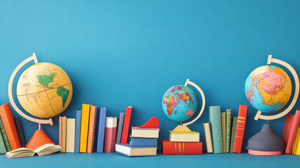 Colorful globes and books on blue background create vibrant study atmosphere. Perfect for educational themes, this captures essence of learning and exploration