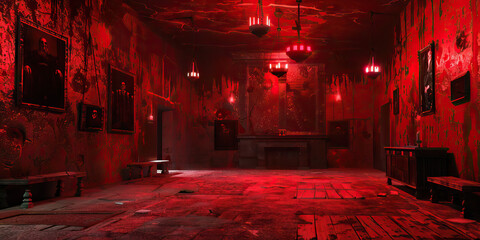 Red-Lit Room with Portraits and Damaged Walls
