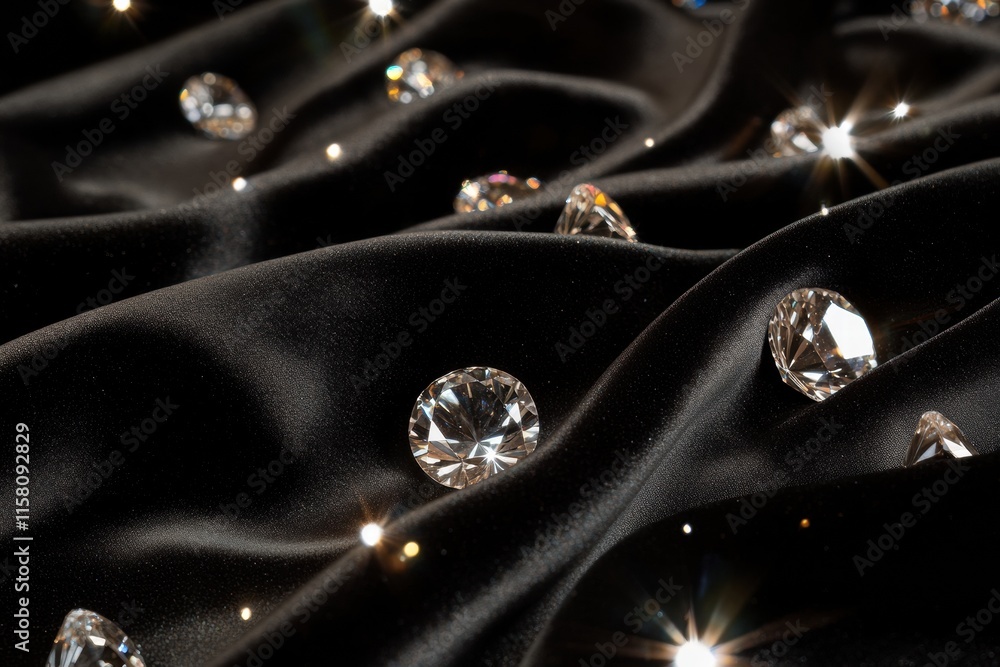 Aufkleber Beautiful large sparkling diamonds scattered on a smooth black satin fabric with space for text. Generative AI
