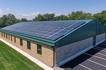 Brick building with solar panels on its roof. Shows sustainable energy solutions for commercial buildings.