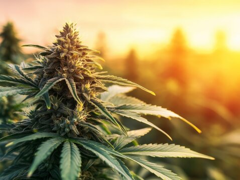 Fototapeta Hemp Plant with flowering bud with cannabis field on background. Marijuana farm with outdoor fields. Cannabis Cultivation and Growth   -ai