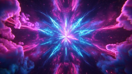 Abstract vibrant neon light fractal with pink and blue smoke.