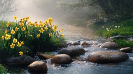 Misty dawn, stream, daffodils, rocks.