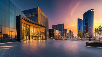 Obraz premium Modern city plaza at sunset with glass buildings.