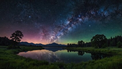 Fototapeta premium Beautiful Night Sky Photography Milky Way Galaxy over Calm Lake Trees and Mountains Starry Night