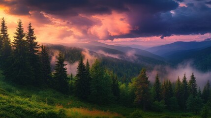 Fototapeta premium Majestic sunset over misty mountain forest.