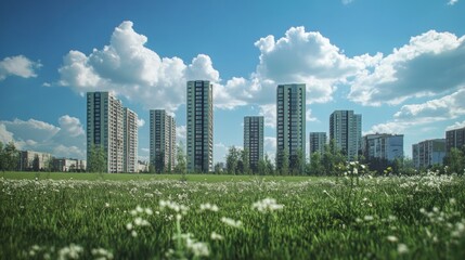 Obraz premium Modern high-rise apartment buildings on a sunny day, viewed from a field of wildflowers.