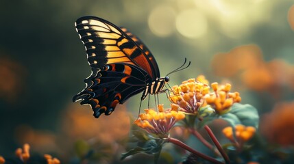 Obraz premium A beautiful butterfly perched on a flower in a garden setting. The butterfly is black, yellow, and orange with a long black antennae. It's a beautiful image of nature.