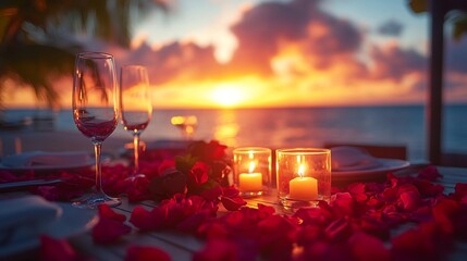A romantic candlelit dinner with rose petals