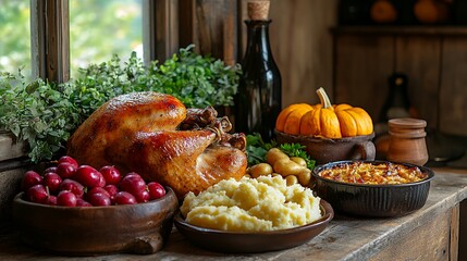 A dinner table filled with roasted turkey, mashed potatoes, pumpkin pie