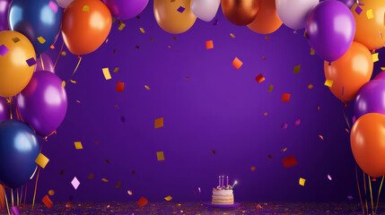 Fototapeta premium Colorful birthday backdrop with balloons, cake, and confetti creating festive atmosphere. Perfect for celebrations and joyful moments