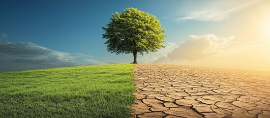 Lone tree on a hill divides lush green grass from cracked, arid earth, symbolizing climate change.