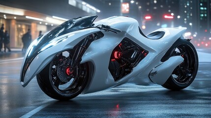 Futuristic white motorcycle parked on city street at night.