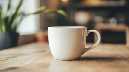Obraz premium white ceramic coffee cup on office desk, surrounded by greenery, evokes calm and inviting atmosphere perfect for relaxation or work