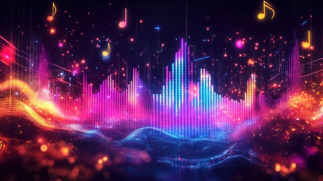 Vibrant neon music equalizer with notes.