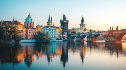 Fototapeta premium Sunrise over Charles Bridge, Prague, colorful buildings reflected in Vltava River.