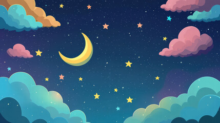 Dreamy night sky filled with colorful clouds, stars, and crescent moon. serene atmosphere evokes sense of wonder and tranquility, perfect for peaceful night