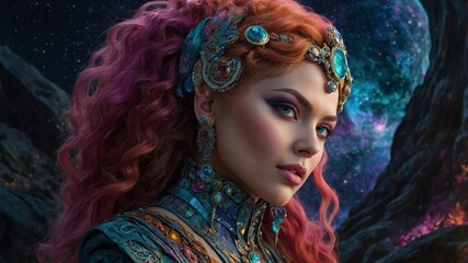 Naklejka premium Timeless Elegance: Supermodel in a Galactic Photoshoot