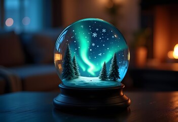 Enchanted Snow Globe Northern Lights Winter Scene Cozy Atmosphere