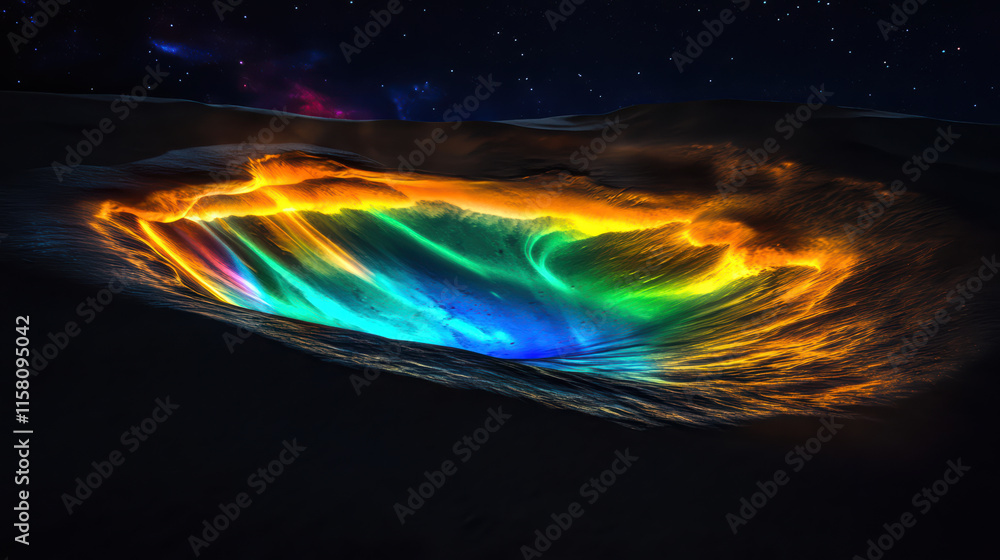 Poster vibrant, dynamic space scene featuring colorful auroras swirling across cosmic landscape, creating m