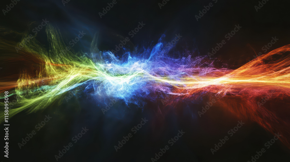 Poster dynamic abstract scene with colorful waves of light and energy flowing across dark background, creat