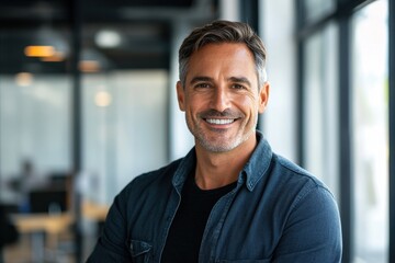 Obraz premium Smiling middle-aged man in a blue shirt. Perfect for corporate, success, or leadership concepts.