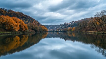 Autumnal river reflecting castle and trees.