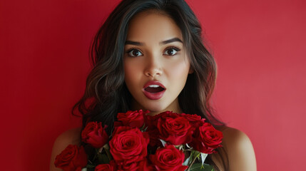 Naklejka premium Surprised woman holding bouquet of red roses against vibrant red background, expressing joy and beauty. Perfect for romantic themes and celebrations