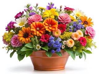Colorful potted flowers create a beautiful floral arrangement, isolated against a pristine white backdrop.