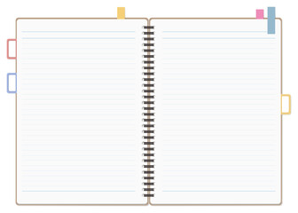 シンプルな罫線のノートと付箋のセット、リングノート、見開き