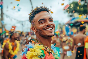 A high-quality image capturing a man in a festive abad&aacute; enjoying the vibrant atmosphere of a Brazilian street carnival, mid-celebration, surrounded by bright streamers, carnival decorations