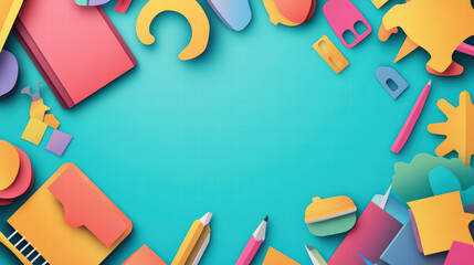 Colorful paper cut design featuring school items like books, pencils, and stationery, creating vibrant and playful atmosphere perfect for educational themes