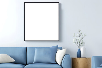 Frame Mockup: A modern interior with a framed blank canvas hanging on a white wall and a sofa and flower vase with a square Frame 