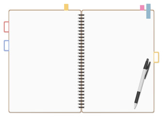 シンプルな無地のノートと付箋、ボールペンのセット、リングノート、見開き
