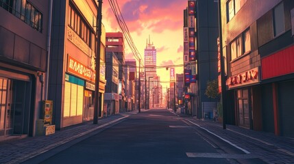 Fototapeta premium Empty city street at sunset, urban scene.