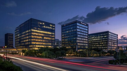 Obraz premium Illuminated city skyscrapers at twilight with light trails.