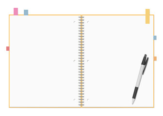 シンプルな無地のノートと付箋、ボールペンのセット、リングノート、見開き