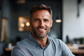 Fototapeta premium Smiling man in a grey shirt, indoors. Perfect for business, success, and leadership concepts.