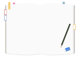 シンプルな無地のノートと付箋、鉛筆と消しゴムのセット、見開き