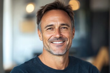 Obraz premium Smiling mature man with graying hair. Perfect for ads promoting health, happiness, or aging gracefully.