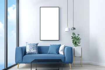 Frame Mockup: A modern interior with a framed blank canvas hanging on a white wall and a sofa and flower vase with glowing Light