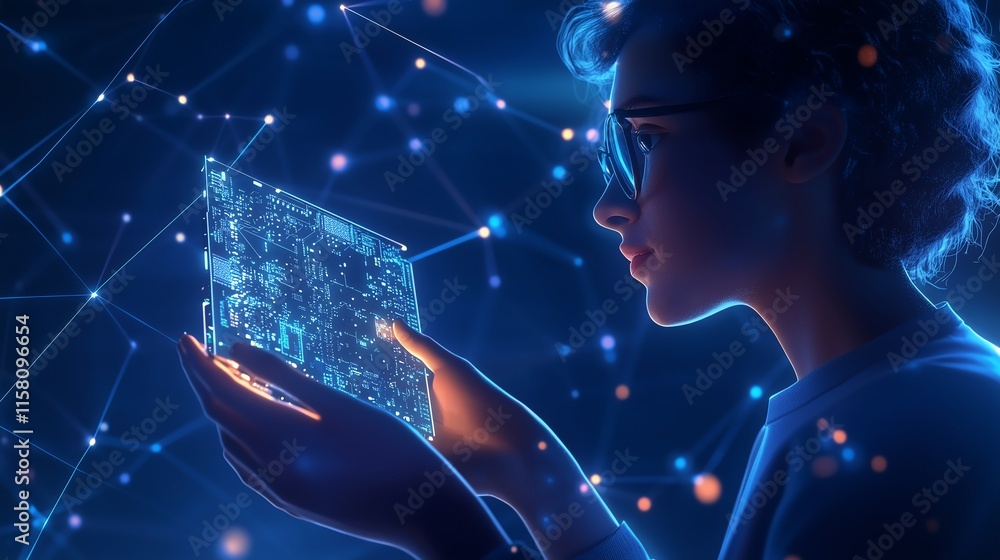 Poster a focused engineer inspecting an electronic circuit board prototype, surrounded by low poly wirefram